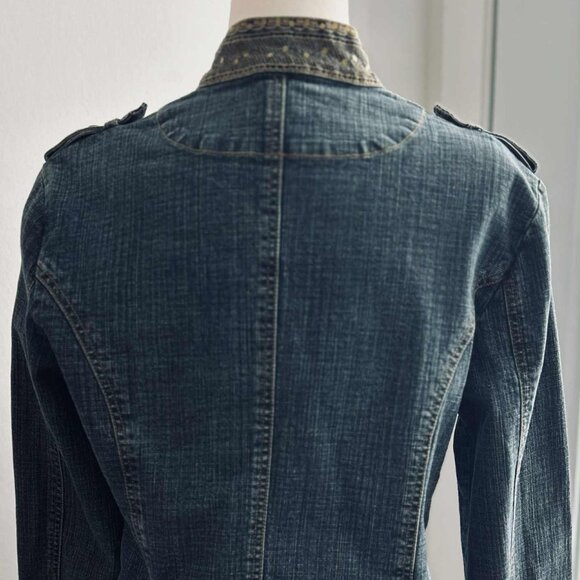 Simon Chang Indigo Embellished Luxe Denim Jacket with Gold Detailing – US 10 - Picture 9 of 13